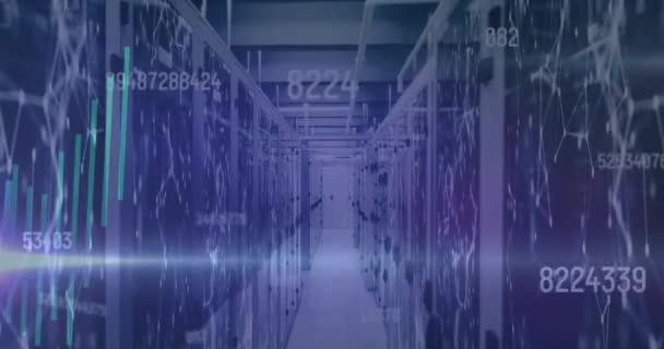 Animation Changing Numbers Graphs Connected Dots Server Room Digital Composite — Stock Video