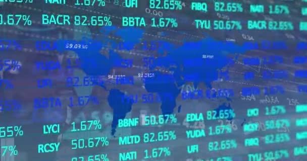 世界地図上の金融データ処理のアニメーション グローバルビジネス コンピューティング データ処理の概念デジタル生成ビデオ — ストック動画