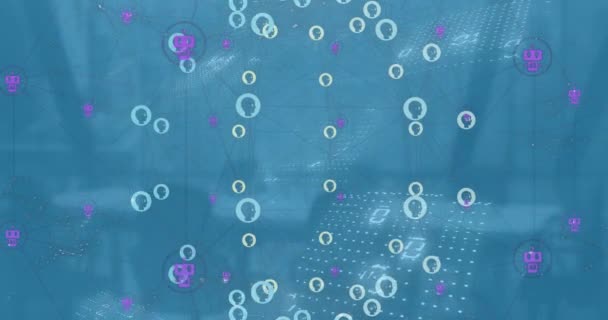 Animacja Połączonych Ikon Tworzących Globus Nad Kodami Binarnymi Szklanym Oknem — Wideo stockowe