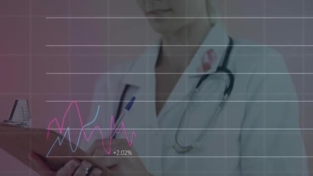 Animação Processamento Dados Financeiros Sobre Médico Caucasiano Feminino Conceito Medicina — Vídeo de Stock
