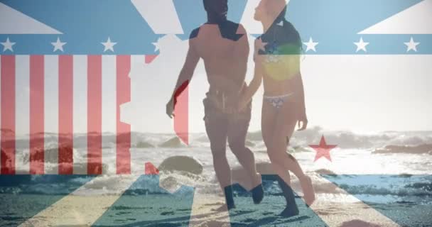 Анімація Механічного Спорядження Над Прапором Америки Різноманітна Пара Вигулюється Після — стокове відео
