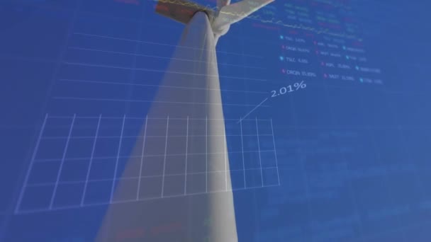 Mavi Arka Planda Rüzgar Türbini Üzerinde Finansal Veri Işleme Animasyonu — Stok video