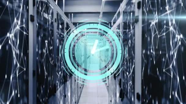 Animacja Neonowego Tykającego Zegara Sieci Połączeń Serwerownią Interfejs Komputerowy Koncepcja — Wideo stockowe