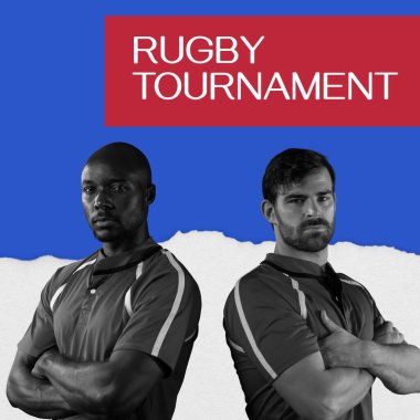 Rugby turnuva metni beyazdan maviye, iki farklı erkek rugby oyuncusunun portresiyle. Spor müsabakası tanıtım kampanyası, dijital olarak oluşturulan imaj.