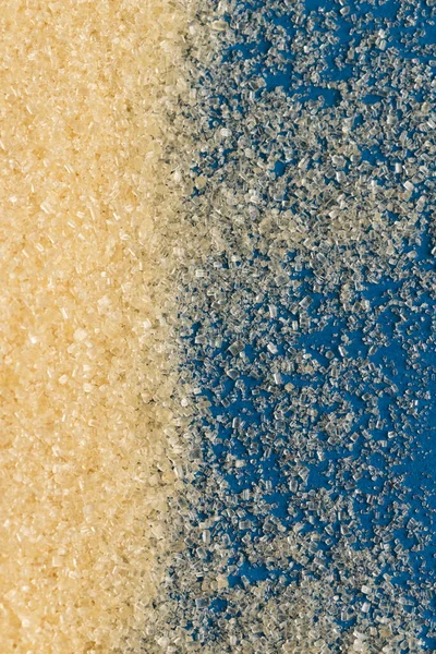 Close Van Zandkorrels Kopieer Ruimte Blauwe Achtergrond Zand Textuur Vorm — Stockfoto