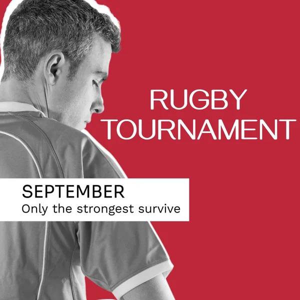 Tekst Turnieju Rugby Kolorze Białym Czerwono Białym Męskim Rugby Graczem — Zdjęcie stockowe