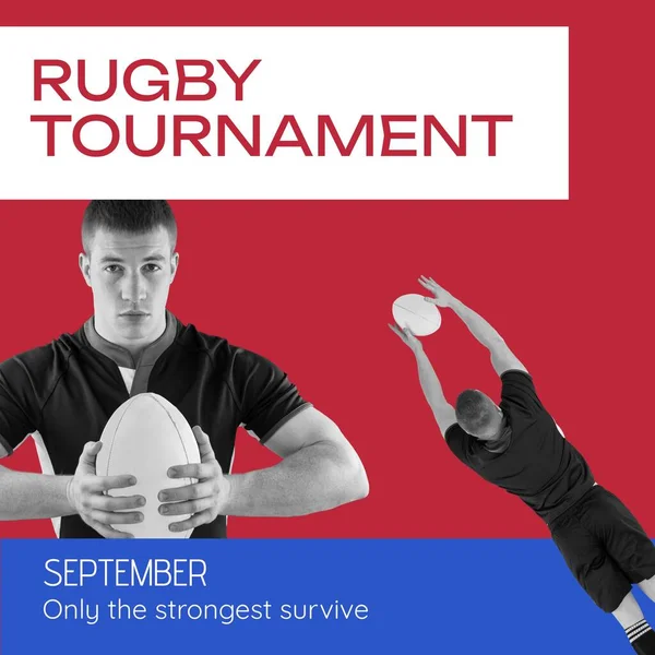 Tekst Turnieju Rugby Kolorze Czerwonym Białym Białym Mężczyzn Rugby Graczy — Zdjęcie stockowe
