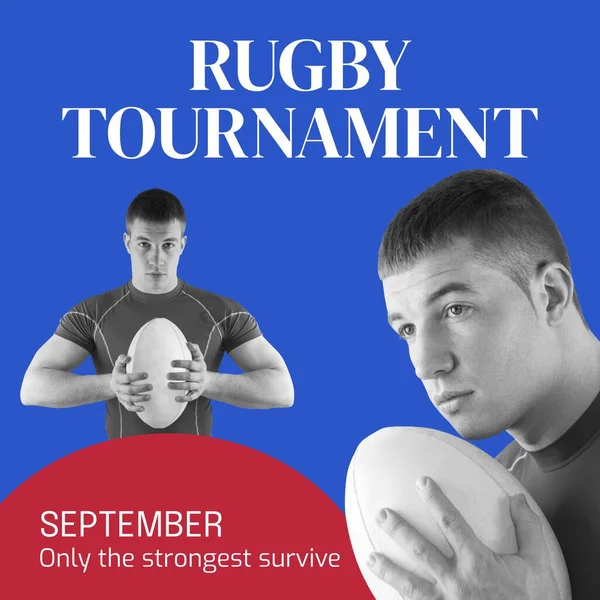 Rugby Tournament Text White Blue Caucasian Male Rugby Player Holding — Stock Photo, Image