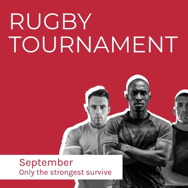 Tekst Turnieju Rugby Kolorze Białym Czerwono Trzech Różnych Graczy Rugby — Zdjęcie stockowe
