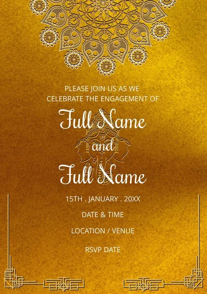 Composition of engagement invitation text over indian pattern on yellow background. Indian engagement invitation, celebration and indian tradition concept digitally generated image.