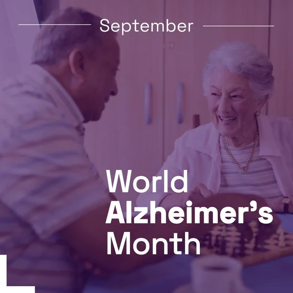 September World Alzheimer Month Text Happy Senior Biracial Couple Playing — Stock Photo, Image
