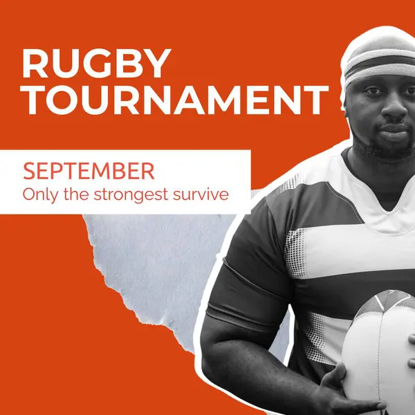 Tekst Turnieju Rugby Kolorze Białym Pomarańczowym Afrykańskim Amerykańskim Męskim Graczem — Zdjęcie stockowe
