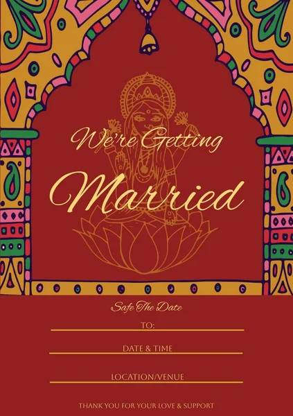 Composition of engagement invitation text over indian pattern on red background. Indian engagement invitation, celebration and indian tradition concept digitally generated image.