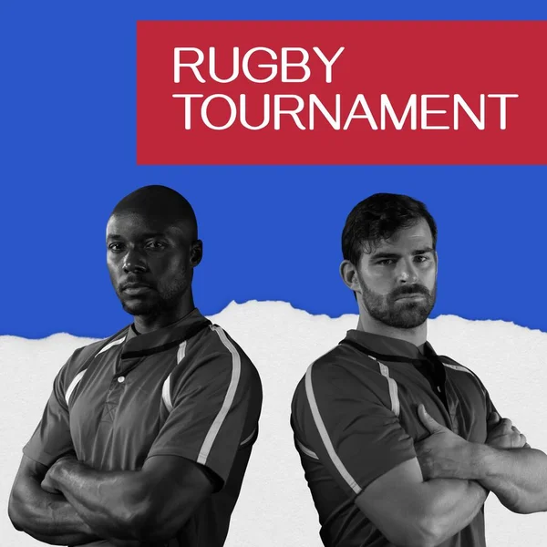 Tekst Turnieju Rugby Kolorze Białym Czerwono Niebieskim Portretem Dwóch Różnych — Zdjęcie stockowe