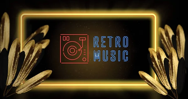 Image Retro Music Text Phonograph Icon Neon Frame Leaves Black — Stock Photo, Image