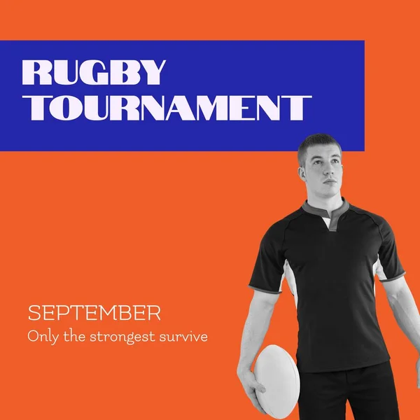 Tekst Turnieju Rugby Kolorze Białym Niebiesko Pomarańczowym Białym Męskim Rugby — Zdjęcie stockowe