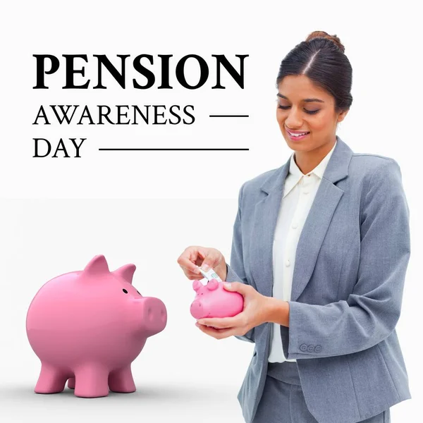 Pension Awareness Day Text Happy Biracial Woman Putting Money Piggy — Stock Photo, Image