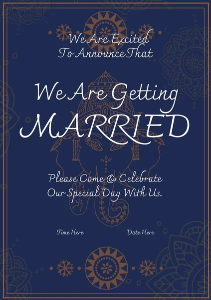 Composition of engagement invitation text over indian pattern on blue background. Indian engagement invitation, celebration and indian tradition concept digitally generated image.