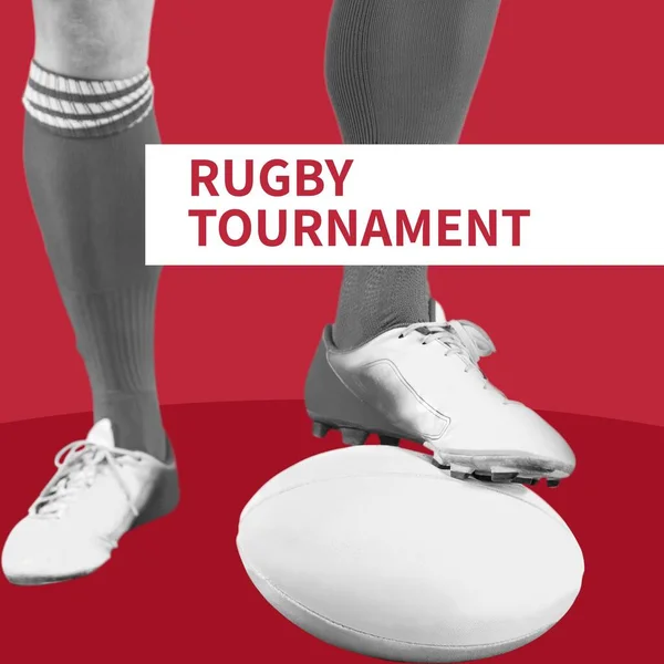 Tekst Turnieju Rugby Kolorze Czerwonym Białym Czerwonym Nogami Białego Mężczyzny — Zdjęcie stockowe