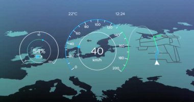 Avrupa haritası üzerinde araba göstergesi ve veri işleme animasyonu. Küresel bağlantılar, dijital arayüz, iş, finans, hesaplama ve veri işleme kavramı dijital olarak oluşturulmuş video.