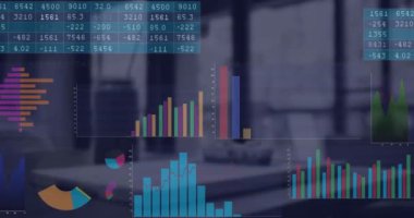 Boş ofise karşı istatistiksel veri işleme animasyonu. Bilgisayar arayüzü ve iş veri teknolojisi kavramı