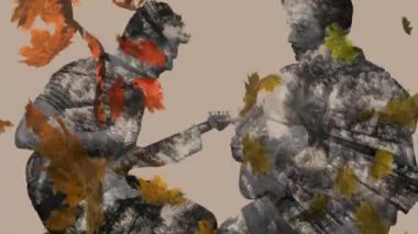 Gitar çalan beyaz adamların siluetinin üzerine düşen yaprakların animasyonu. Sanat, müzik ve soyutlama konsepti, dijital olarak oluşturulmuş video.
