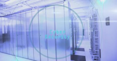 Sanal güvenlik mesaj pankartı ve büyüteç simgesinin sunucu odasında taranması. Siber güvenlik ve iş veri depolama teknolojisi kavramı