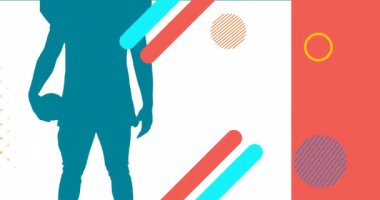 Beyaz arka planda erkek Amerikan futbolcusunun silueti üzerinde renkli şekillerin canlandırması. Spor, spor, soyut ve şablon konsepti dijital olarak oluşturulmuş video.