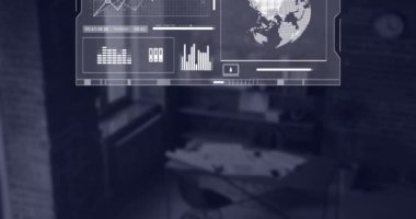 Boş ofise karşı veri işleme arayüzü animasyonu. Bilgisayar arayüzü ve iş veri teknolojisi kavramı