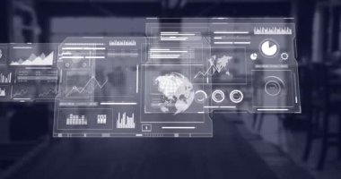 Boş ofise karşı veri işleme arayüzü animasyonu. Bilgisayar arayüzü ve iş veri teknolojisi kavramı