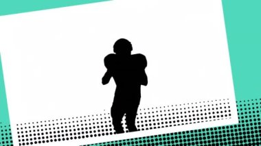 Beyaz arka planda, erkek Amerikan futbolcusunun siluetinin üzerindeki yeşil çerçevenin animasyonu. Spor, spor, soyut ve şablon konsepti dijital olarak oluşturulmuş video.