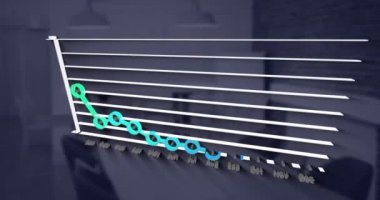 Animation of statistical data processing against empty office. Computer interface and business data technology concept