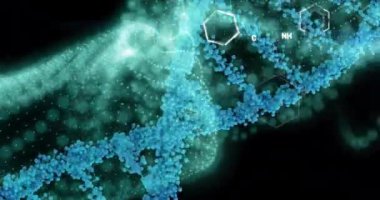 Siyah arka planda dijital dalga üzerinde DNA ve kimyasal yapıların animasyonu. Tıbbi araştırma ve bilim teknolojisi kavramı