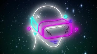 Yıldızların arka planında VR kulaklığı olan neon kafa animasyonu. Küresel video oyunu, dijital arayüz, iletişim, bilgisayar ve veri işleme kavramı dijital olarak oluşturuldu.