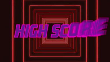 Kırmızı kare üzerinde, siyah arkaplanda kusursuz desenli yüksek puanlı metin afişinin animasyonu. Video oyunu arayüzü teknolojisi kavramı