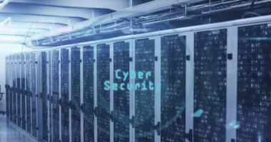 Sanal güvenlik mesaj pankartı ve büyüteç simgesinin sunucu odasında taranması. Siber güvenlik ve iş veri depolama teknolojisi kavramı