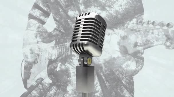 Animação Microfone Sobre Silhueta Homem Caucasiano Tocando Guitarra Árvores Arte — Vídeo de Stock
