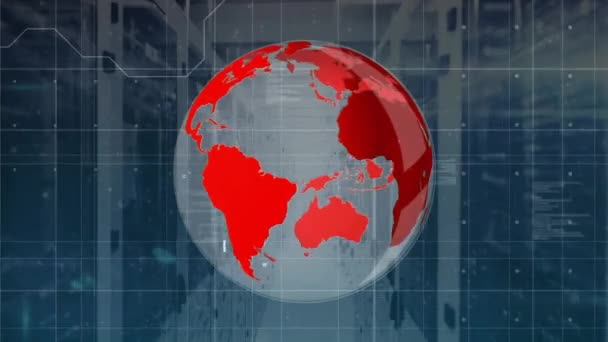 Animatie Van Interface Met Draaiende Wereldbol Gegevensverwerking Tegen Computerserverruimte Global — Stockvideo