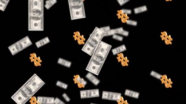 Animation Von Dollarscheinen Und Dollarzeichen Wiederholt Auf Schwarzem Hintergrund Abstraktes — Stockvideo