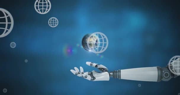 青い背景にロボットの腕を介して接続するグローバルのアニメーション グローバル人工知能 コンピューティング データ処理コンセプトデジタル生成ビデオ — ストック動画