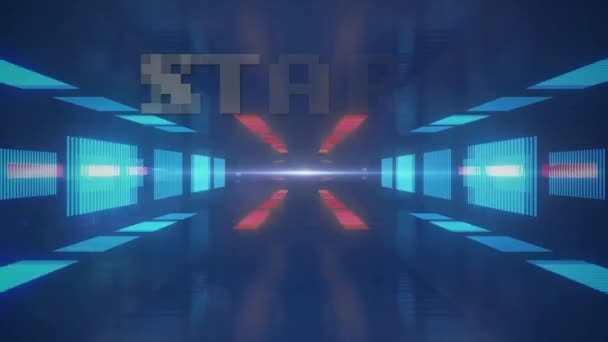 Animace Počátečního Textu Nad Vícebarevným Neonovým Vzorem Modrém Pozadí Videohry — Stock video