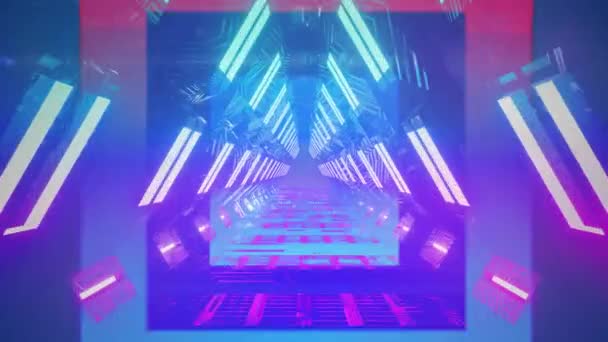 Animace Vícebarevného Neonového Vzoru Tunelu Modrém Pozadí Vzorek Tvar Koncepce — Stock video