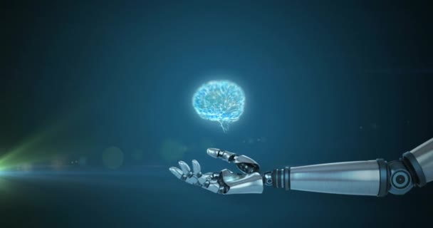 青い背景にロボットの腕の上に人間の脳のアニメーション グローバル人工知能 コンピューティング データ処理コンセプトデジタル生成ビデオ — ストック動画