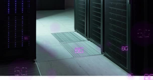 动画6G文字横幅漂浮在计算机服务器室 全球联网和商业数据储存技术概念 — 图库视频影像
