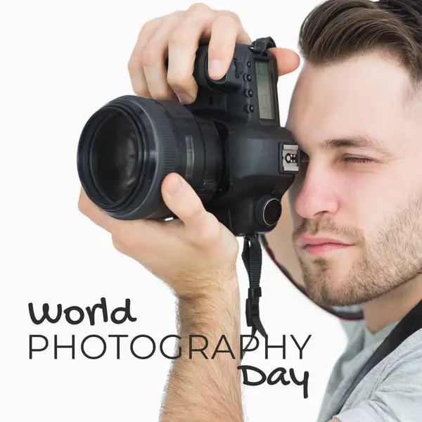 World Photography Day Text Black Caucasian Man Using Camera Global — Stock Photo, Image