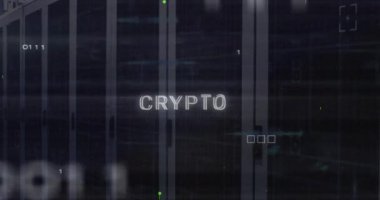 Veri sunucu sistemleri üzerinde şifreli metin ve elektronik devre şablonu animasyonu. Dijital bileşik, küresel ağ, ağ güvenliği, veri merkezi, teknoloji, finans, yatırım, engelleme zinciri.