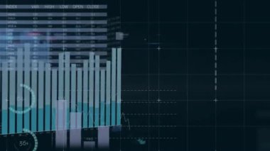 Siyah arkaplana karşı ızgara ağı üzerinden istatistiksel veri işleme animasyonu. Bilgisayar arayüzü ve iş veri teknolojisi kavramı