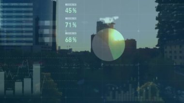 Şehir manzarasının havadan görüntüsüne karşı istatistiksel veri işleme animasyonu. Bilgisayar arayüzü ve iş veri teknolojisi kavramı