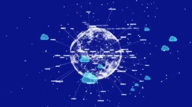 Bulut simgelerinin canlandırılması, veri işleme ve mavi arkaplan üzerindeki bağlantılar. Küresel iş, finans, bulut hesaplama ve veri işleme kavramı dijital olarak oluşturulmuş video.