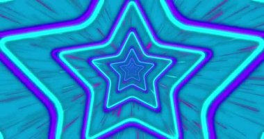 Mavi arkaplan üzerinde yıldız neonunun canlı deseninin canlandırılması. Tekrarlama, şekil, şekil ve renk konsepti dijital olarak oluşturulmuş video.